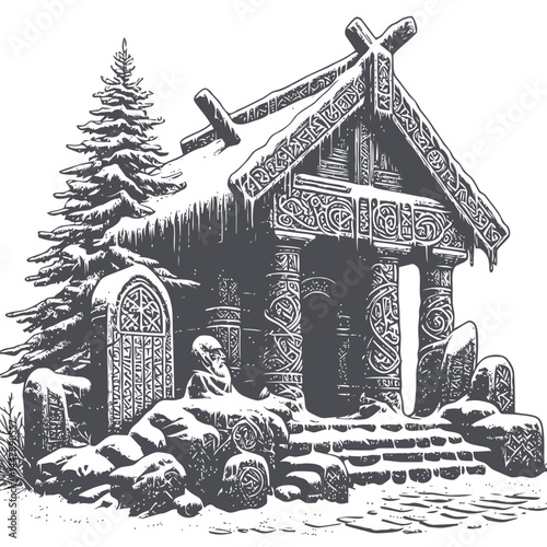 Traditional Norse shrine set in a snowy scene, adorned with runestones that echo ancient Nordic stories.