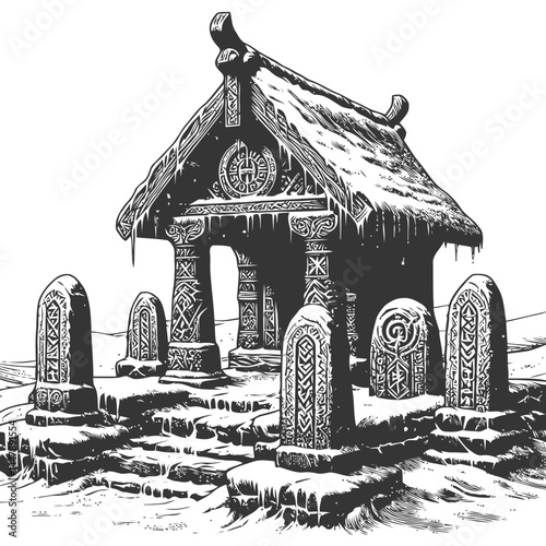 Ancient snow-covered shrine with runestones, a timeless symbol of Norse culture, spirituality, and art.