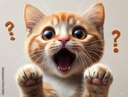 Surprised orange tabby kitten raising paws, floating question marks swirling around in beige backdrop.