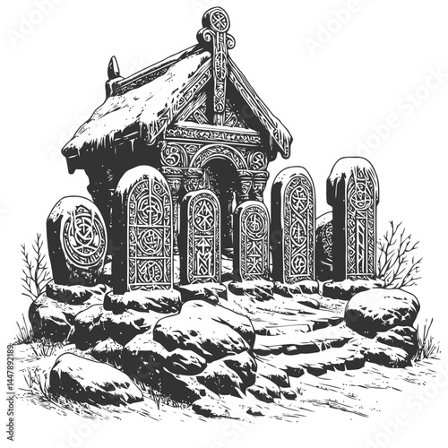 Decorative Norse shrine in a snowy setting, surrounded by runestones reflecting Nordic mythology and history.