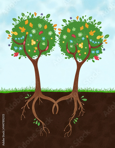 Trees behind intertwined roots