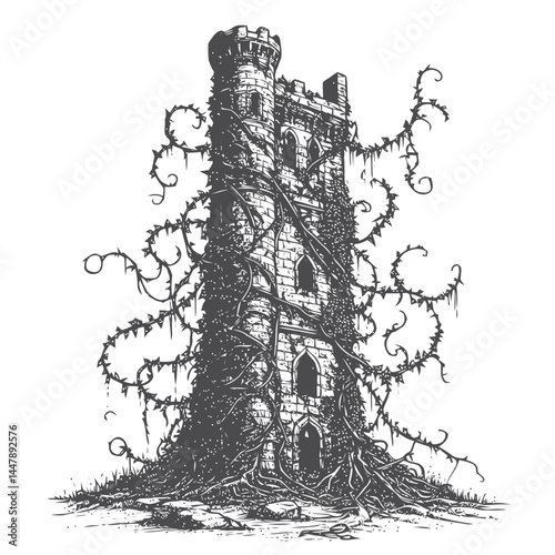 Charming depiction of a ruined tower entwined with vines, reflecting a balance between history and nature.