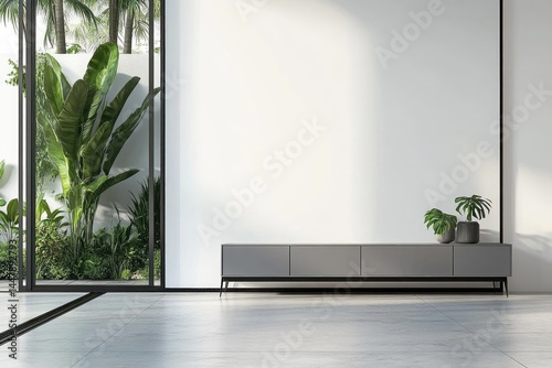 Modern minimalist living area with large windows opening to a lush tropical garden.  A gray media console is positioned in front of a blank wall