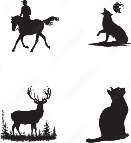 Wildlife and Western Silhouettes – Cowboy, Wolf, Deer, and Cat Vector Set

