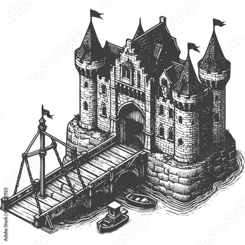 Exquisite tiny medieval castle showcasing a realistic drawbridge and intricate historic designs surrounded by vibrant greenery.