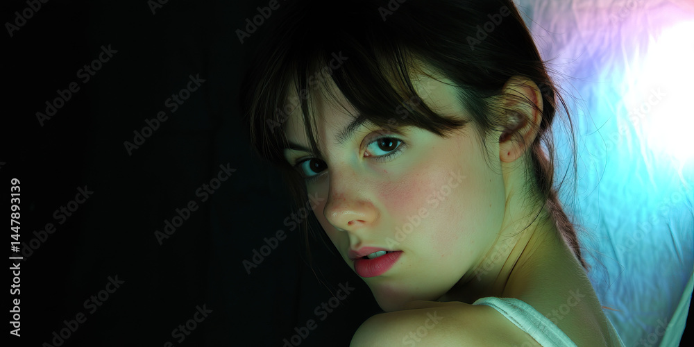 Portrait of a Young Woman with Brown Hair and White Tank Top