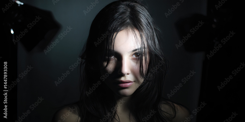 Portrait of a Woman with Dark Hair in Low-Key Lighting