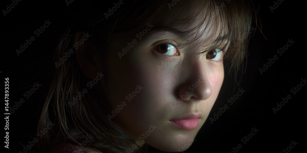 Close-up Portrait: Young Woman's Face, Low-Light Conditions