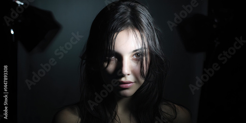 Obraz na płótnie Portrait of a Woman with Dark Hair in Low-Key Lighting w salonie