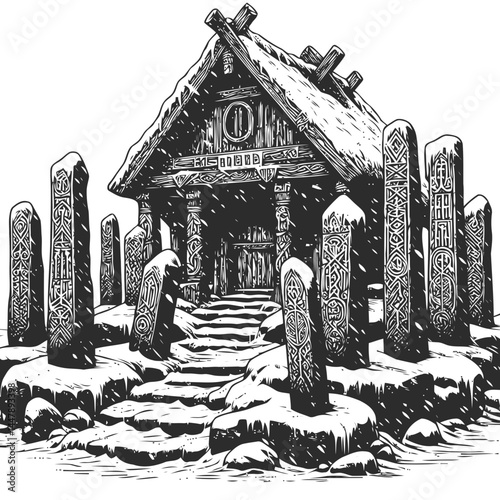 Beautifully detailed Norse shrine blanketed in snow, adorned with ancient runestones, symbolizing Nordic heritage and mysticism.