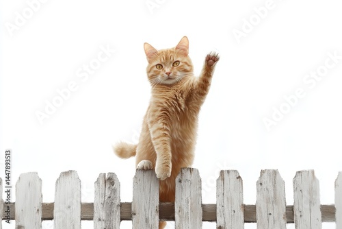 Orange cat joyfully waving a paw while perched on a white wooden fence under a bright blue sky in a sunny outdoor setting