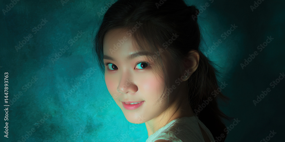 Portrait of Young Woman with Dark Hair and White Dress Against Teal Background