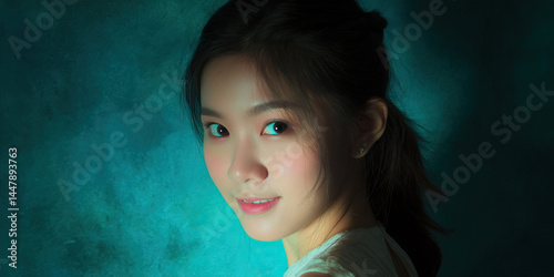 Obraz na płótnie Portrait of Young Woman with Dark Hair and White Dress Against Teal Background w salonie