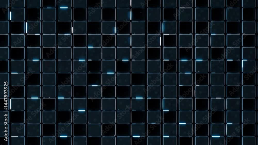 Shiny black square tiles arranged in a grid pattern with soft lighting and reflections on a dark background, concept of modern texture surface