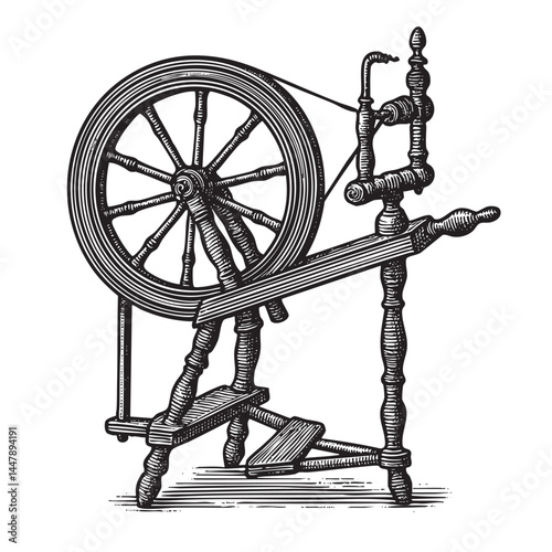 spinning wheel  woodcut engraving vector illustration