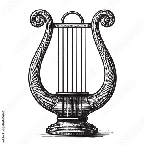 lyre musical instrument woodcut engraving vector illustration