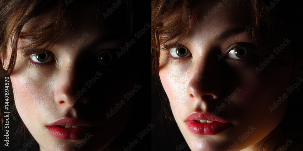 Close-up Portrait: Young Woman with Reddish-Brown Hair, Green Eyes, and Red Lipstick