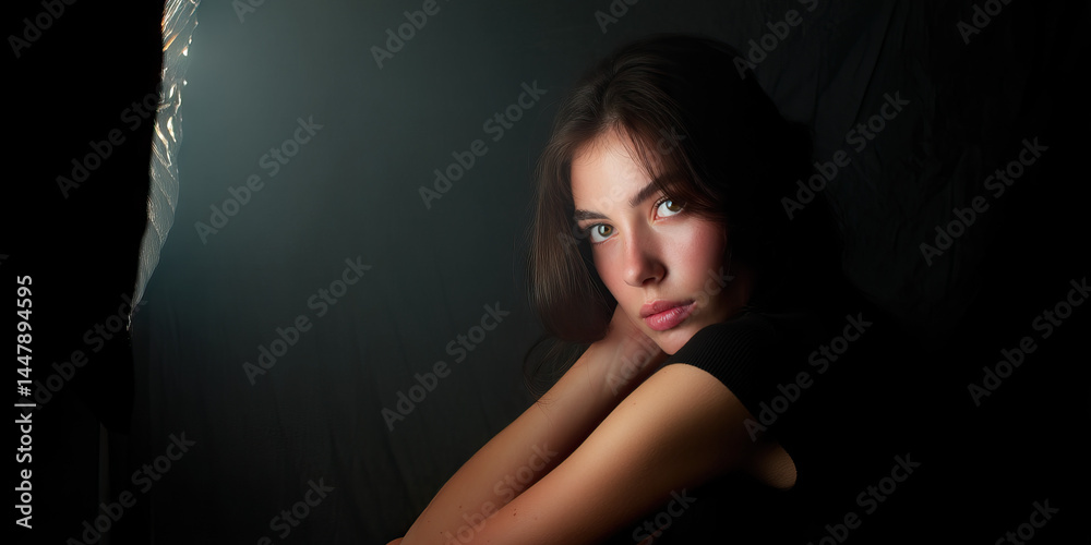 Portrait of Young Woman with Brown Hair in Black Top