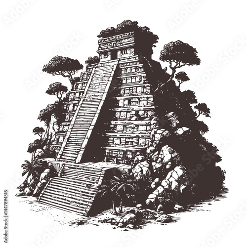 Artistic tiny Mayan temple perched on a stepped cliff with intricate details reflecting cultural and historic heritage.