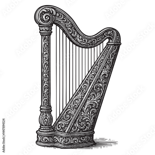 harp with intricate carvings woodcut engraving vector illustration