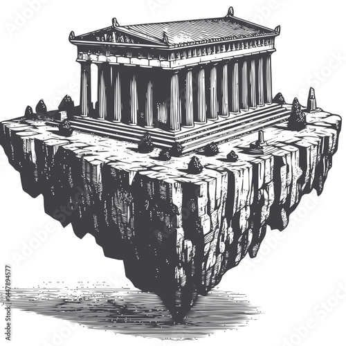 Stylized Greek Parthenon artwork showcasing a floating island with detailed architectural patterns and a dreamlike fantasy setting.
