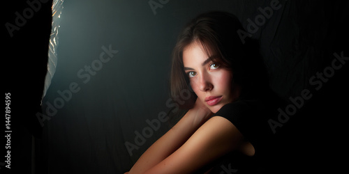 Obraz na płótnie Portrait of Young Woman with Brown Hair in Black Top w salonie