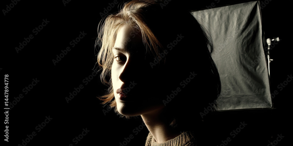 Profile Portrait of Woman in Low-Key Lighting with Backdrop
