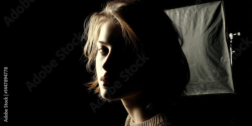 Obraz na płótnie Profile Portrait of Woman in Low-Key Lighting with Backdrop w salonie