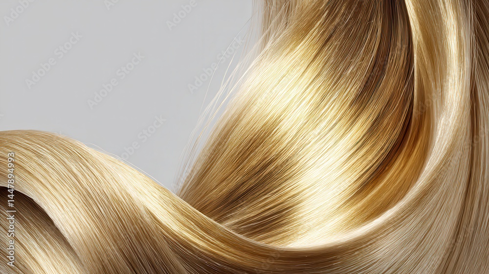 Naklejka premium Beautiful shiny blonde hair flowing in soft waves catches the light, showcasing healthy texture and vibrant color against a plain neutral background in studio shot.