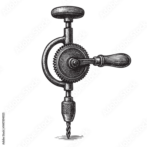 old-fashioned hand drill woodcut engraving vector illustration
