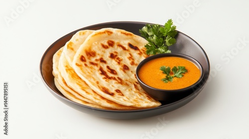 Close up of Flatbreads with Orange Sauce on Dark Plate