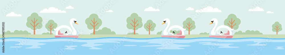 Obraz premium 木と水と空の風景の中に白鳥モチーフのスワンボートが浮かぶシームレスなベクターラインイラスト(Seamless vector line illustration of a swan boat with a white swan motif floating in a landscape of trees, water, and sky)
