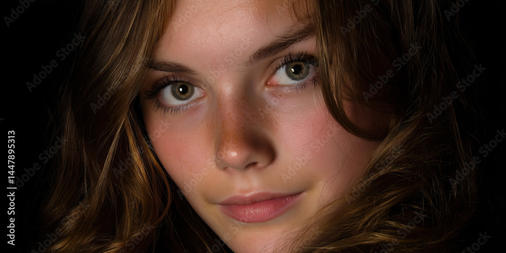 Close-up Portrait of a Young Woman with Brown Hair and Freckles