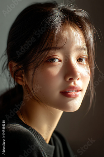 a young Korean woman in her 20s, with a rounder face, soft natural monolid eyes