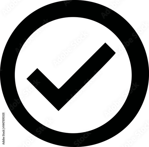 Black checkmark inside a circle symbol of completion. Vector illustration