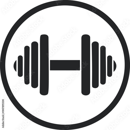 Black dumbbell icon inside circle fitness symbol illustration. Vector illustration