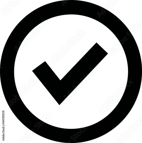 Black check mark inside a circle symbol of approval. Vector illustration