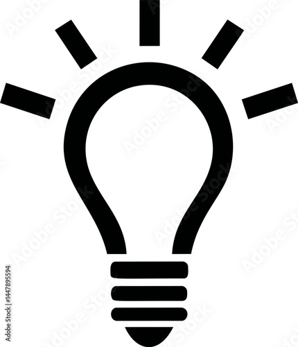 Stylized black light bulb icon with radiant lines on white background. Vector illustration