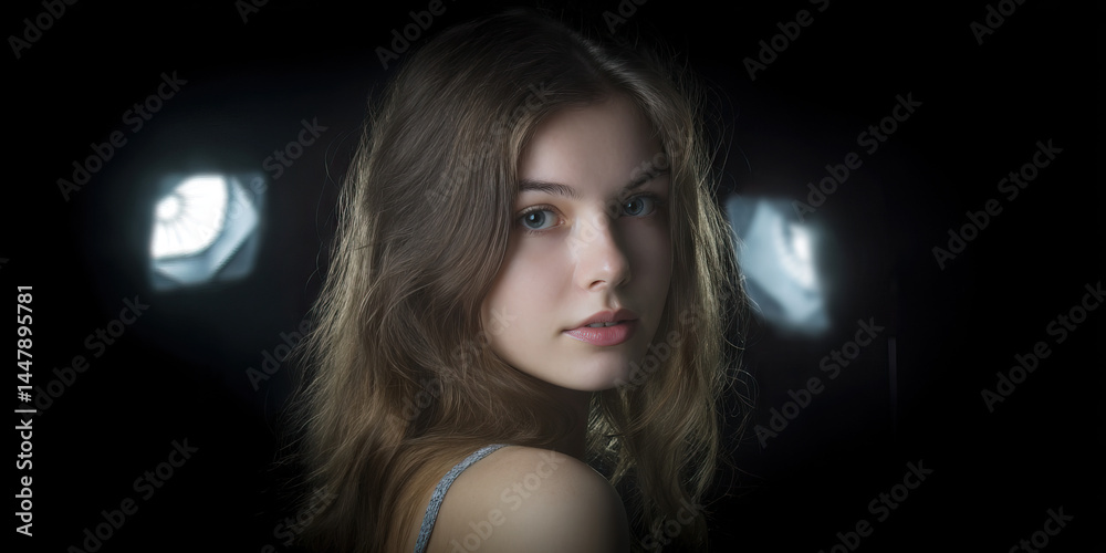 Portrait of Young Woman with Brown Hair and Studio Lighting