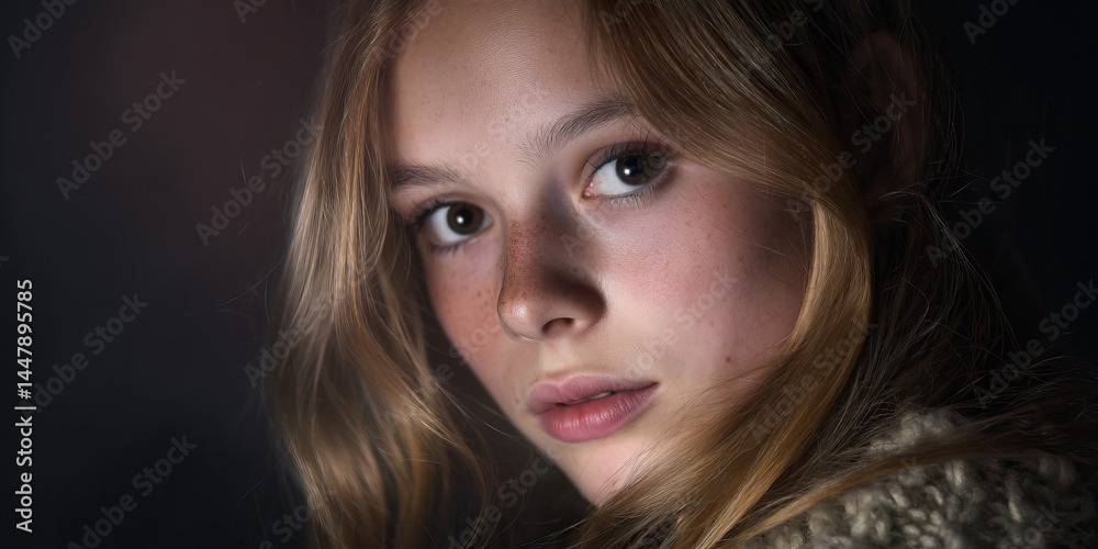 Portrait of a Young Woman with Freckles and Blond Hair
