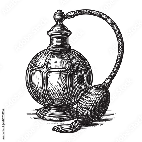 antique perfume atomizer woodcut engraving vector illustration
