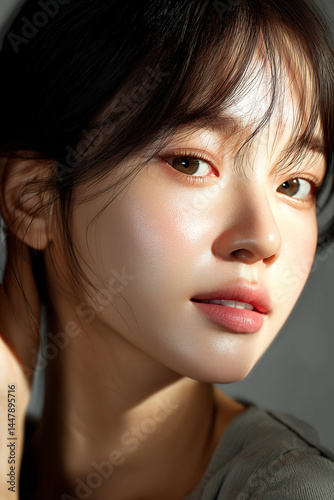 a young Korean woman in her 20s, with a rounder face, soft natural monolid eyes