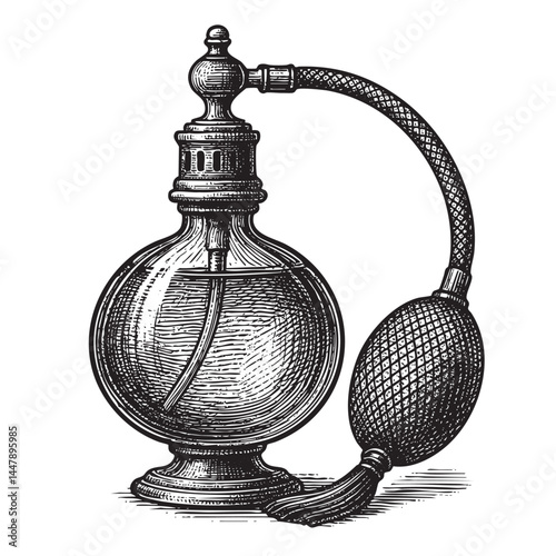 antique perfume atomizer woodcut engraving vector illustration