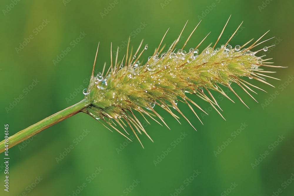 Fototapeta premium Macro close-up of dewdrop-covered grass blades against lush green background, fresh morning nature detail with sparkling water droplets on spiky stems