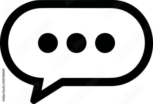 Black and white speech bubble icon with ellipsis symbol for messaging. Vector illustration