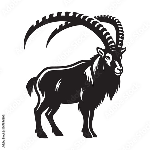 Bold-edged ibex silhouette vector ideal for powerful design projects – ibex silhouette – ibex vector – ibex illustration – silhouette of ibex

