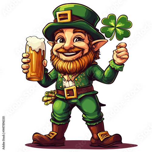 A cheerful leprechaun holds a beer and a clover leaf.