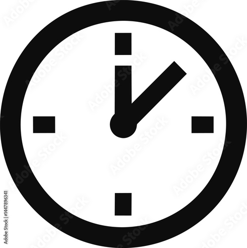 Black and white clock icon showing one o'clock in minimalistic style. Vector illustration