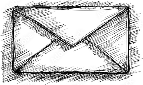 Black and white sketch of a closed envelope with artistic crosshatch shading. Vector illustration