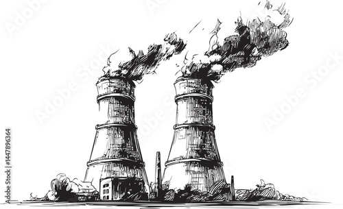 Illustration of two smoking industrial chimneys with black and white sketch style. Vector illustration